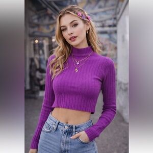 Ribbed Cropped Sweater Womens XS Purple Mock Neck Y2K Long Sleeve Barbiecore Y2K